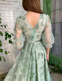 Green Butterfly Prom Dress, Floor-length Green Dress With Intricate Embroidery, Butterfly Inspired Gown, Dark Fairycore Dress With Butterflies On It, Teuta Matoshi Butterfly Dress, Evening Gowns With Sleeves, Lace Prom Dress, Beautiful Prom Dresses, Floor Length Skirt