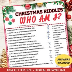 the christmas riddles who am i? answer sheet is shown in red and green