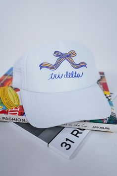 Snap on this white trucker hat for a fun and functional addition to your sorority ensemble. Perfect for showing off your unique style, the snap closure makes for easy adjustments. Join the sisterhood and complete your look with this Sorority Trucker Hat! Sorority Cowboy Hat, Cotton Trucker Hat With Letter Embroidery And Curved Visor, Sorority Merch Hats, Sorority Beanie, Sorority Trucker Hats, Sneaker Heels Wedges, Bags Game, Free People Shoes, Outerwear Vest