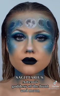 Moon Goddess Costume Makeup, Astrology Makeup Looks, Night Goddess Makeup, Greek Goddess Halloween Makeup, Celestial Makeup Halloween, Artemis Makeup Goddesses, Moon Elf Makeup, Night Court Makeup, Blue Witch Makeup