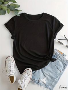 Eromis - Essential Womens Solid Crew Neck Short Sleeve T-shirt: Stylish and Versatile Casual Wear Black Solid Color T-shirt For Summer, Black T-shirt For Summer, Black Solid Crew Neck T-shirt, Basic T Shirt, Polyester Material, Collar Styles, Casual Wear, Women's Clothing, Shoe Jewelry