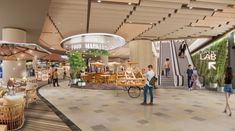 an artist's rendering of the inside of a shopping mall with people walking around