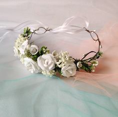 "If you are looking for a white wedding flower crown, then you have found what you are looking for! This floral hair piece is perfect as bridal flower crown, flower girl crown, bridesmaids floral crown, baptism crown, baby shower or maternity floral crown. Lovely and simple! DESCRIPTION: Crown consists of different sizes of hand made roses, cords with fragile berries and artificial beads and greenery. Bridal halo headband is adorned with a set of white satin ribbons. Perfect for a sweet tie back Adult Flower Girl, Half Flower Crown, White Flower Girl Crown, Bridesmaids Floral, Red Flower Crown, Floral Hair Piece, Half Flower, Bridal Floral Crown, Wedding Flower Crown