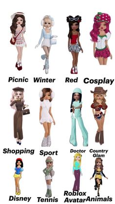 many different dolls are shown with names on them, including the names for each doll