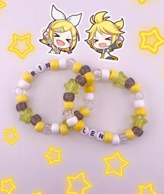 These matching Rin and Len vocaloid bracelets are perfect for any kandi kid, scene lover, or vocaloid fan! Match bracelets with a friend, or wear both for yourself! Either way, they're a perfect addition to any outfit!  All bracelets are made with cloth-covered stretch cord, which assures that your jewlery will stretch nicely around the hand. the cloth covering will keep the quality at top shape for as long as possible, and prevent any wear and tear. Sizing Instructions  Small: Measures 6 inches around the wrist (with additional stretch) Medium: Measures 7 inches around the wrist (with additional stretch) Large: Measures 8 Inches around the wrist (with additional stretch) If you'd prefer your bracelet to be a custom size, please include within the note of your order, or dm me! Every order Matching Kandi Bracelet Ideas, Matching Kandi Bracelets, Matching Bracelets For Best Friends, Len Vocaloid, Kandi Rave, Match Bracelets, Rin And Len, Bracelets Matching, Rave Scene