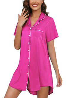 PRICES MAY VARY. Material —— Button down nightgown is made of 96% polyester and 4% other fibers, the fabric is ultra soft, breathable, skin-friendly and high elastic, comfortable short nightshirt for women. Silk Satin Nightgown —— Short sleeves, notch collar, v neck, button front, mid-thigh length, curved high-low hem add more fashion sense. postpartum essentials/Breastfeeding shirts for women/Nursing Pajamas Above the Knee length sleepdress is cool. Button up nightshirt has easy access for brea Relaxed Fit Sleepwear With Button Closure For Pajama Party, Short Sleeve Sleepwear With Buttons, Pink Sleepwear With Button Closure For Loungewear, Summer Sleepwear With Button Closure And Short Sleeves, Pink Button-up Sleepwear For Pajama Party, Summer Short Sleeve Sleepwear With Buttons, Summer Sleepwear With Buttons And Short Sleeves, Summer Sleepwear With Buttons For Sleepovers, Pink Summer Sleepwear With Button Closure