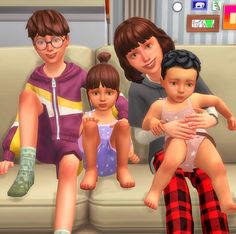 a family sitting on a couch in the living room with their child's arms around them