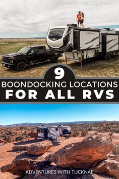 an rv parked in the desert with text overlay reading boondocking locations for all rvs