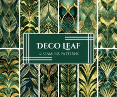 a set of 12 seamless patterns with green leaves and gold foil on the sides