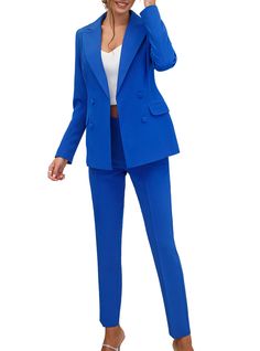 2-piece womens blazer trouser suit for office, business meetings, formal events and special occasions. Also perfectly combines with sneakers so after a long and tiring business day you can change you heels to sneakers and still look chic. DETAILS -  slim fit pants -  with crease -  high rise -  blazer is buttoned -  lined -  front pockets -  slim fit MATERIAL Premium quality suiting fabric, which consists of viscose mostly and a bit of polyester and elastane SIZES The models in photos are wearin Professional Blue Workwear Sets, Professional Blue Sets For Workwear, Business Casual Blue Suits For Office, Blue Office Lady Business Casual Suit, Blue Professional Blazer For Career, Professional Blue Suits For Career, Professional Blue Career Suits, Blue Notch Lapel Pantsuit For Workwear, Blue Notch Lapel Set For Workwear