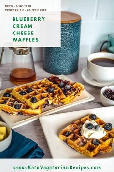 blueberry cream cheese waffles on plates with fruit and coffee in the background