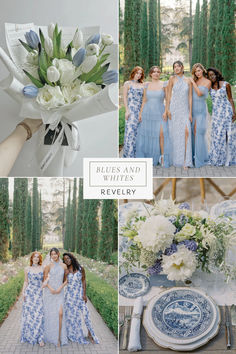 the bridesmaids are posing for pictures in their blue and white wedding attires