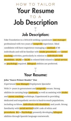 a job description is shown in yellow and black, with the words how to tailor your resume