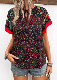 Multicolor V-neck Blouse With Floral Print, Black V-neck Printed Blouse, Summer Floral Patchwork V-neck Tops, Stretch Floral Print V-neck Blouse, Multicolor Floral Print V-neck Top, V Neck Blouse, Ditsy Floral, Floral Prints, V Neck