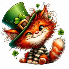 a cartoon cat wearing a green hat and striped shirt with shamrocks on it's head