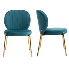 two blue velvet chairs with gold legs