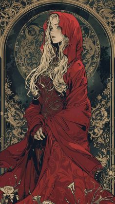 a woman with long blonde hair wearing a red cloak and sitting in front of an ornate background