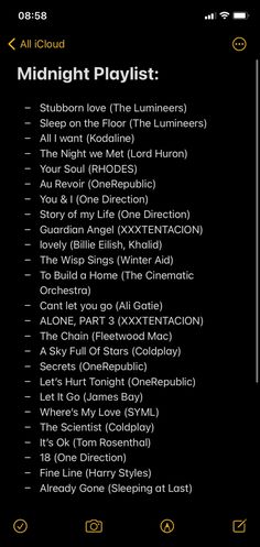 the menu for midnight playlist, which is also available on iphone or android devices