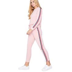 Pink Side Striped Sweatshirt with Pant Set Pink Long Sleeve Tracksuit With Ribbed Cuffs, Sporty Relaxed Fit Long Sleeve Sets, Casual Long Sleeve Tops With Side Stripes, Sporty Crew Neck Sets For Spring, Track Suits Women Casual, Track Suits Women, White Yoga Pants, Spring Sweatshirt, Track Suits