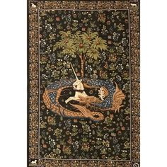 a tapestry with an image of a unicorn riding a dragon on it's back