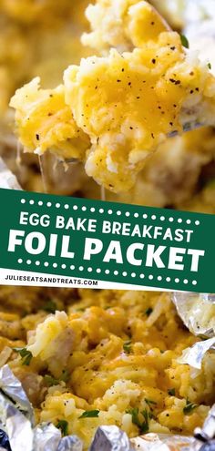 an egg bake breakfast foil packet is shown with the title overlay that reads, egg bake breakfast foil packet