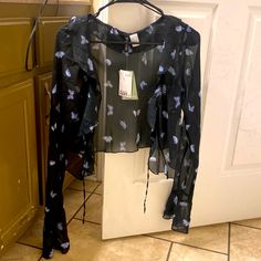 Black Sheer Mesh With Blue Butterflies And Strings To Tie Up Front Never Worn, Too Small For Me Chiffon Tunic Top, Jeans Tank Top, H&m Blouse, Blue White Top, Butterfly Blouse, Blue Butterflies, Butterfly Top, The Office Shirts, Smock Top