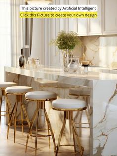 a kitchen with marble counter tops and stools in front of an island that has gold barstools