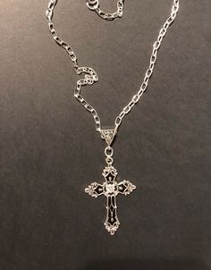 Large tibetan silver cross on chunky chain with black enamel insert  24in long cross s 2.5in x 1.5in silver plated chain and a lobster claw fastening clasp Luxury Silver Chain Cross Necklace, Gothic Cross Chain Jewelry, Gothic Cross Jewelry With Adjustable Chain, Silver Gothic Cross Necklace With Adjustable Chain, Gothic Silver Metal Cross Necklace, Silver Crucifix Cross Necklace With Chain, Silver Cross Necklace With Chain, Silver Cross Necklace With Chain Pendant, Silver Gothic Crucifix Jewelry