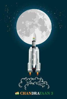 an image of a space shuttle flying in the sky with the moon behind it and words chandrayaan 3 written below