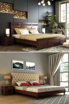 two different pictures of a bedroom with wood furniture