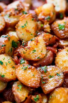 closeup of cooked potatoes with parsley on top