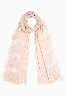 Woven from a fine silk and wool blend, this beige scarf features a bold scalloped edging in a double colour lace border created from a combination of a contrasting ivory and tonal beige colour. A very fashionable and contemporary addition to any day or evening wear all year-round. Elegant Beige Scalloped Lace, Elegant Cream Dupatta With Lace Work, Elegant Beige Lace With Lace Trim, Elegant Lace Work Dupatta For Spring, Cream Lace Work Dupatta, Cream Lace Dupatta With Lace Work, Elegant Beige Dupatta With Lace Work, Elegant Shawl Scarf With Lace Trim, Elegant Beige Shawl For Spring