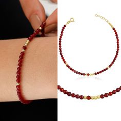 "This 14k Gold Red Jade Bracelet combines vibrant red jade stones with the timeless beauty of gold. Each dark red jade stone, recognized for its deep, passionate hue, is accented by the refined glimmer of 14k gold, creating a bracelet that is both striking and sophisticated. Red jade is frequently connected with vigor and energy, giving its visual appeal symbolic depth.  This bracelet is a versatile and meaningful addition to any jewelry collection, excellent for those who respect both beauty an Red Polished Beads Bracelet As Gift, Red Polished Beads Bracelet For Gift, Red Gemstone Bracelets As Gift, Red Gemstone Bracelets For Gift, Red Faceted Beaded Bracelets For Gifts, Red Ruby Bracelets For Jewelry Making, Red Ruby Bracelets As Gift, Red Ruby Bracelets For Gift, Red Rondelle Jewelry For Gifts