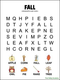 the fall word search is shown in black and white