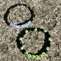 These Wicked & Elphaba inspired bracelets will have you repping team green all over. I am happy to switch up letter styles (traditional white letters, cube letters, different colors) or mix and match the sayings and beads. Use the personalization tool or DM me! Made with glass seed beads, gemstones, fire pressed Czech beads, pre-stretched elastic, and knotted with glue at closure. While these bracelets are made to last, it is recommended that they are removed for swimming, showering, etc. Each bracelet is made to order. 6.5-7 inches will fit most wrists. Measure your wrist with a measuring tape or print a ruler online. Round up for a looser fit. Custom Name Green Bracelet For Friendship, Green Custom Name Friendship Bracelet, Trendy Friendship Bracelets With Letter Print For Gift, Trendy Friendship Bracelets With Letter Print As Gift, Trendy Friendship Bracelets With Letter Print, Custom Name Green Jewelry For Friendship, Personalized Green Bracelets As Gifts, Green Letter Beads Jewelry For Birthday, Personalized Green Name Bracelet As Gift