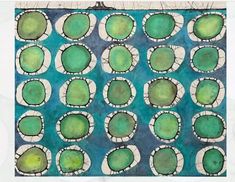 an abstract painting with green circles on a blue background