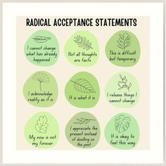 some green stickers with words on them that say, radical acceptance statements and what they mean