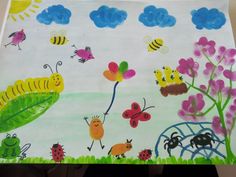 a child's drawing of bugs and flowers