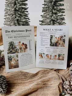 two christmas cards sitting next to each other on top of a table with pine cones