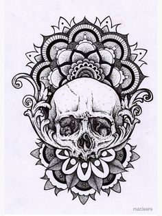 a black and white drawing of a skull with flowers on it's head,