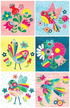 four colorful birds with flowers and butterflies on them, each one has an image of a bird