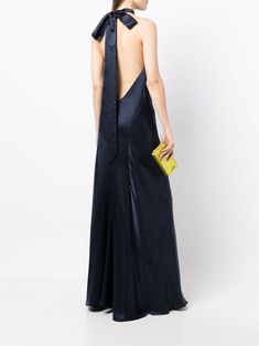 Find MICHELLE MASON Backless Halter-neck Tie Gown on Editorialist. midnight blue silk satin finish backless halterneck tie fastening sleeveless long length Maxi Halter Dress Formal, Halter Neck Dress Pattern, Halter Dress Formal, Formal Chic, Backless Gown, Gown Blue, Long Halter Dress, Haute Couture Gowns, Backless Evening Dress