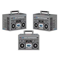 three boomboxs are shown with one in the middle