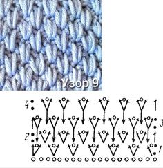 the knitting pattern is shown with different stitches and points on each side, along with an arrow