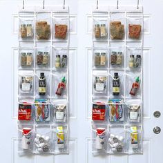 two clear storage racks holding spices and condiments on the doors side by side