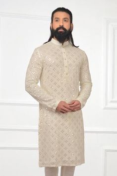 Shop for Nitesh Singh Chauhan White Georgette Embroidered Kurta Set for Men Online at Aza Fashions Silk Churidar, Mukaish Work, Kurta Set For Men, White Kurta, Embroidered Neckline, Head Accessories, Churidar, Kurta Set, Cotton Silk