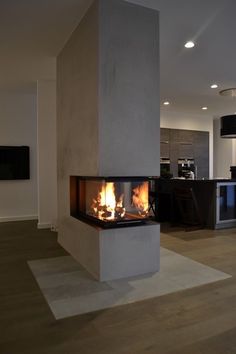 a fire place in the middle of a living room