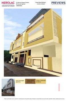 the front page of a brochure showing an image of a yellow building