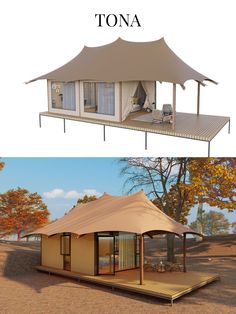 a tent that is sitting on top of a wooden platform and next to another one