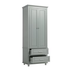 an armoire with two drawers on the bottom and one drawer in the middle, against a white background